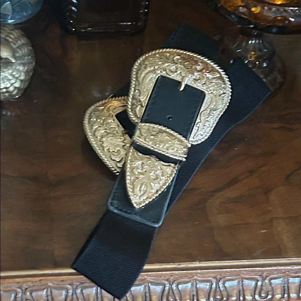 Western Double Gold Buckle Black Stretch Belt